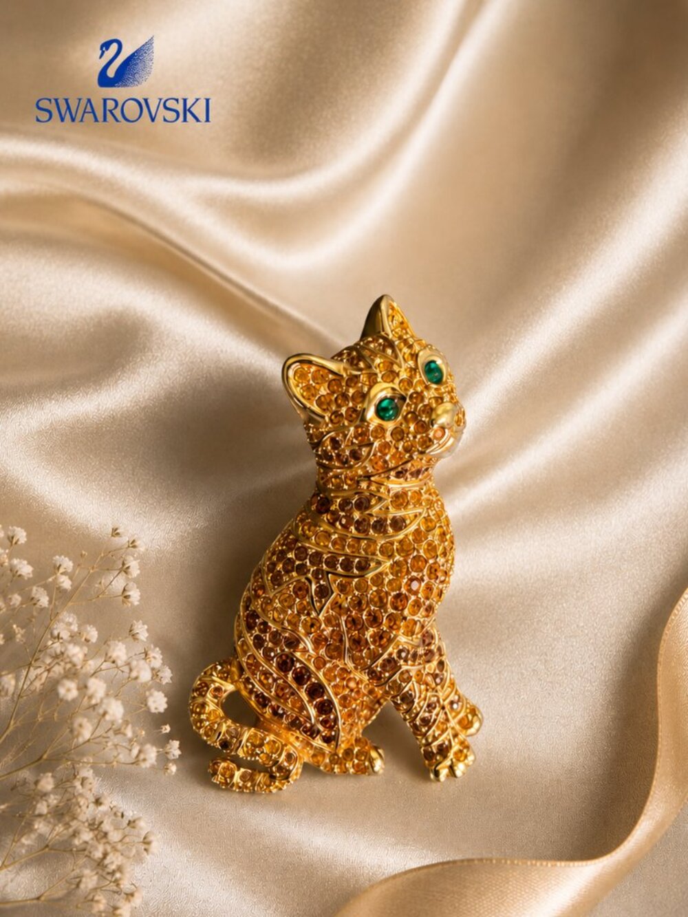 Vintage Retired Swarovski Crystal Cat Brooch Amber Pave Green Eyes Signed